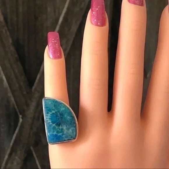 SIZE 6 Gorgeous Blue Coral Fossil Unique 925 Sterling Silver Ring NWT - Picture 3 of 6